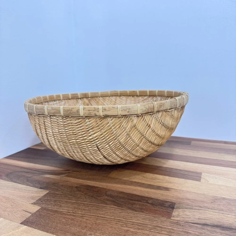Vintage Round Domed Winnowing Strainer Basket Bowl Rattan Wicker Boho